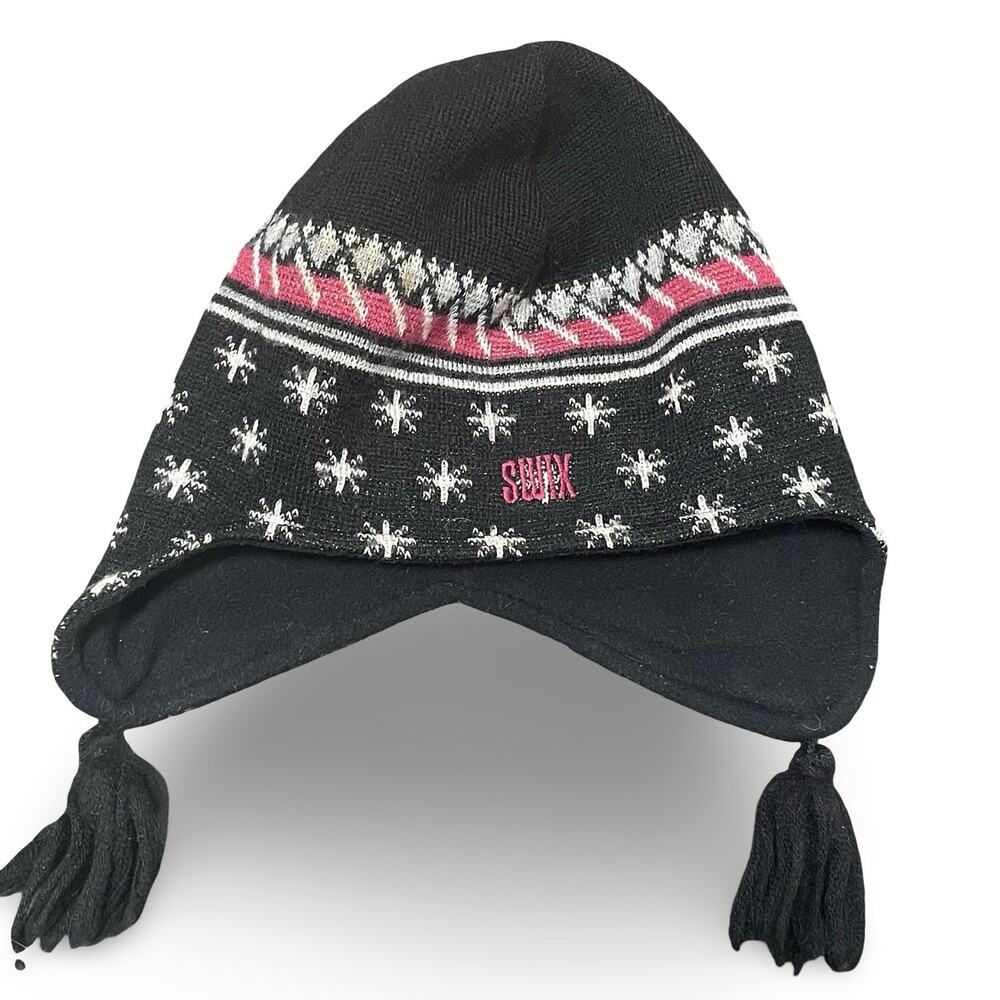 Swix Beanie Hat Wool Blend Fair Isle Nordic Snowflake Black Red Earflaps Pom OS
